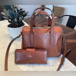 FOSSIL | Satchel Bag and Wallet Set | Brown with Gold Hardware